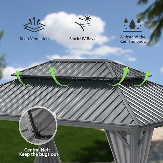 Domi 12x16FT Outdoor Gazebo, Hardtop Gazebo with Galvanized Steel Double Roof, Metal Gazebos with Drainage System Patio Pergola for Patio Deck Backyard,Curtain and Netting,Gray