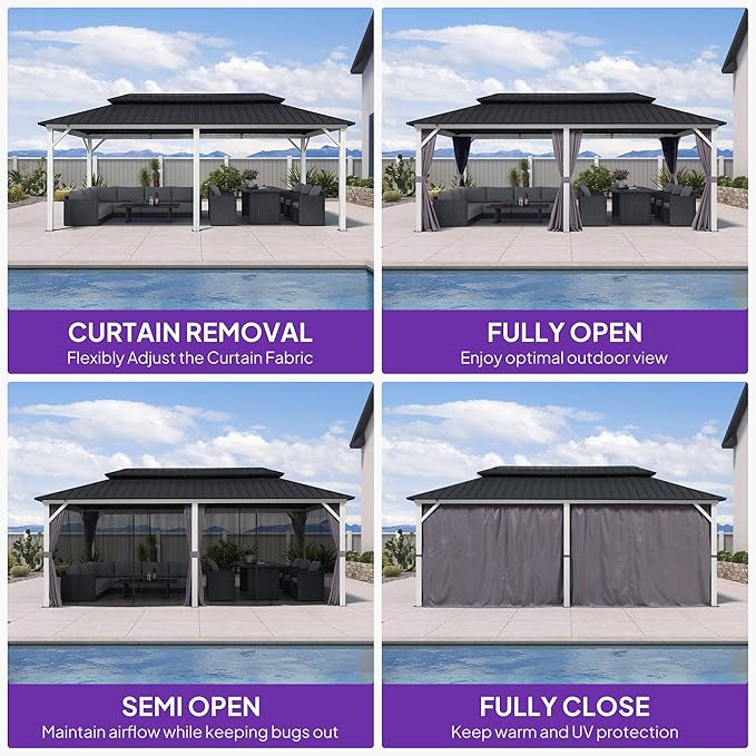 PURPLE LEAF 10' X 20' Hardtop Gazebo Metal Double Roof White Aluminum Frame Outdoor Heavy Duty Gazebo with Curtain and Netting for Patio Garden and Backyard, Grey