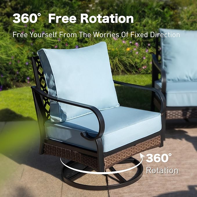 4 PCS Metal Outdoor Patio Furniture Set, Patio Conversation Sets 1 3-Seater Sofa, 2 Swivel Chairs with 5.75" Extra Thick Cushion & Coffee Table, Black Frame Backyard Furniture, Blue