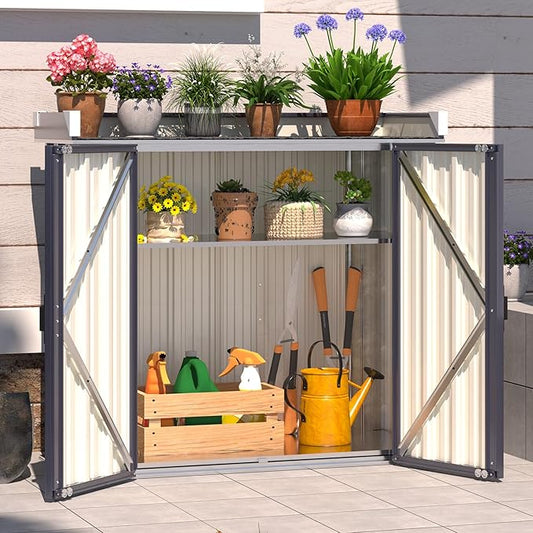 AECOJOY Outdoor Storage Cabinet Waterproof, Potting Workbench Table with Adjustable Shelves, Large Space Outside Metal Sheds & Outdoor Storage Garden Cabinet for Gardening Tools, Grey