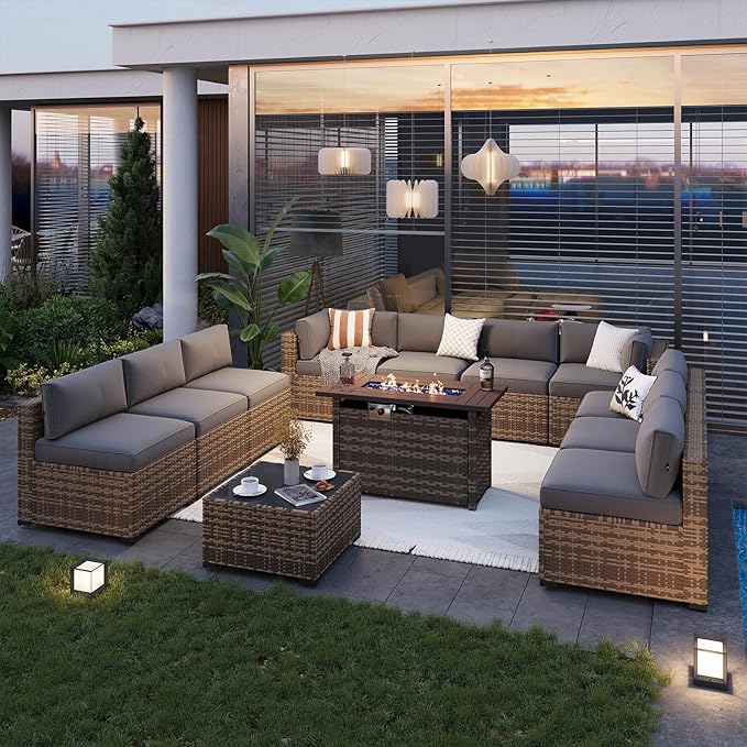 Aoxun Patio Furniture Sets, 12-Piece Outdoor Patio Furniture with 44'' Propane Gas Firepit Table, Wicker Outdoor Conversation Set Sectional Sofa for Backyard, Poolside, Garden