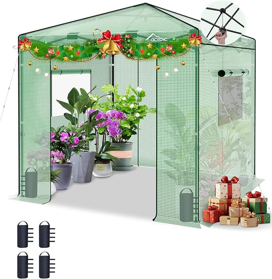 8x8 Instant Pop up Greenhouses, Indoor Outdoor Portable Greenhouse Walk-in for All Season, Small Green House with Roll-Up Zipper Doors and Side Windows, 4 Sandbags, Pe Cover, Green/Clear