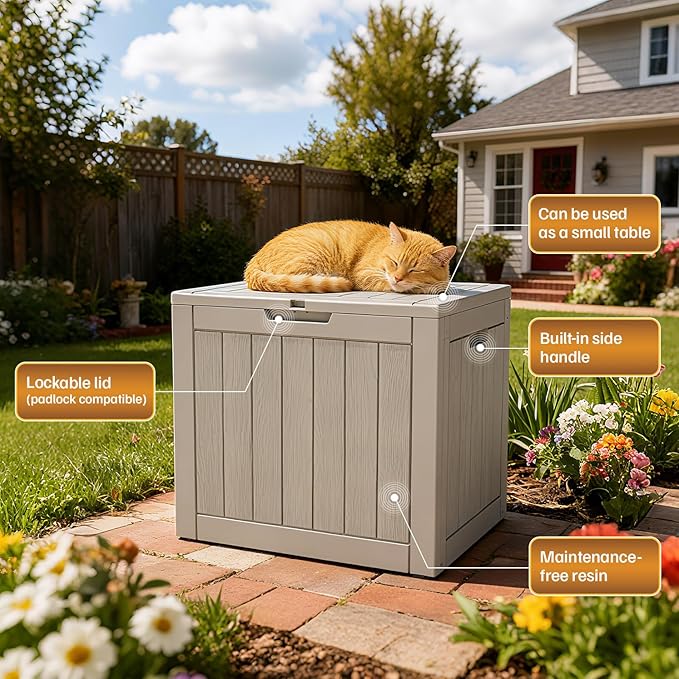 31 Gallon Deck Box, Small Outdoor Storage Box Waterproof, Outside Resin Storage Bin for Outdoor Patio Furniture Pillow, Pool Supply, Garden Tool, UV-Resistant and Weatherproof, Light Brown