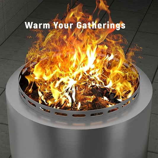 ALAULM Smokeless Fire Pit, 19 Inch Portable Fire Pit for Outside Wood Burning, Includes Ash Poker & Waterproof Cover, No Assembly Required, Solo Stove for Camping, Backyard & Patio (Silver)