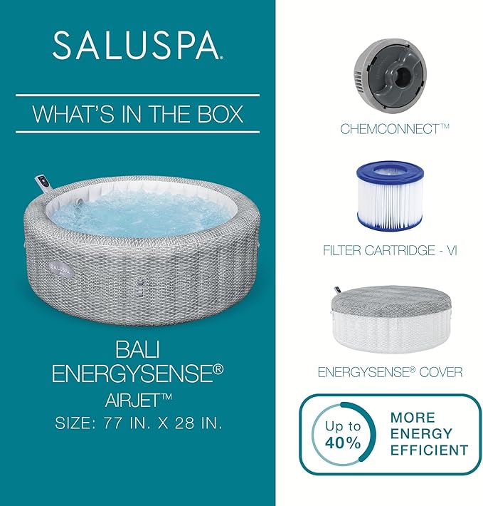 Bestway SaluSpa Bali Smart AirJet Inflatable Hot Tub Round Portable 4 to 6 Person Spa with 140 AirJets, App Control and EnergySense Cover, Grey Rattan