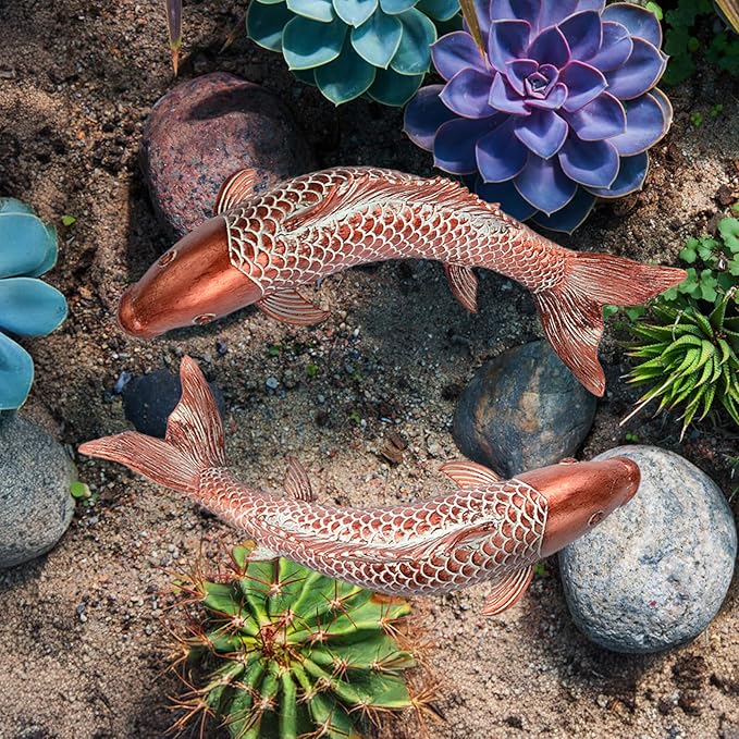 Wosuine Garden Statues Koi Fish Decor Outdoor Garden Fish Statues, Set of 2 Antique Copper Koi Art Sculptures for Patio, Backyard, Pond and Home Decor, Best Gardening Gifts for Women Mom