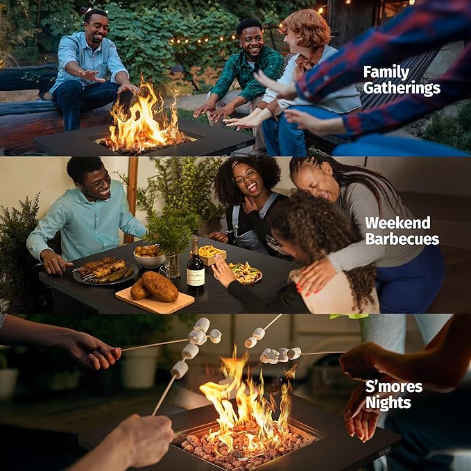28" Outdoor Propane Fire Pit Table | 50,000 BTU Gas Fire Pit Table for Outside with Magnetic Lid | Storage Basket & Lava Rocks | CSA Certified for Patio, Garden & Backyard | Black