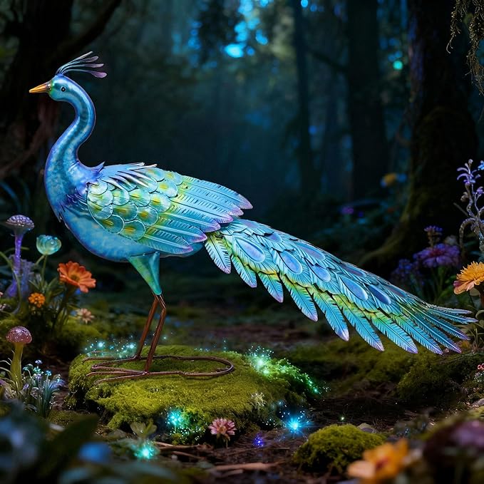 Ultym 31" Metal Peacock Yard Decor - Handmade Oversize Peacock Sculptures with Stable Ground Stakes, Backyard Decoration, Metal Garden Art