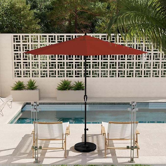 California Umbrella 9' Rd Aluminum Patio Umbrella, Crank Lift, Auto Tilt, Black Finish, Sunbrella Henna