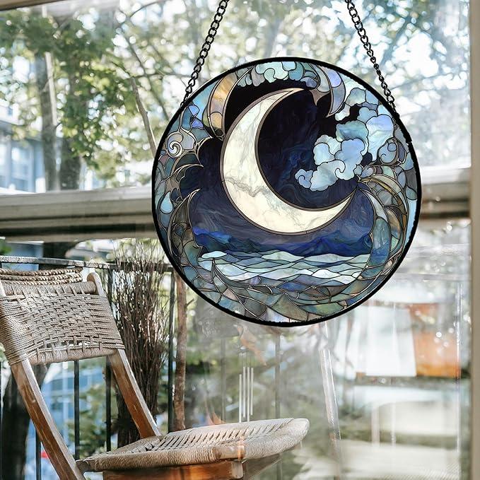 JOSUMALY Stained Glass Window Hanging - Abstract Sea of Clouds Moon Sun Catcher for Door Terrace Garden Home Decor, Gray Blue Suncatcher Birthday Gifts for Lovers Women Men Dad Mom Nana 7.8 in