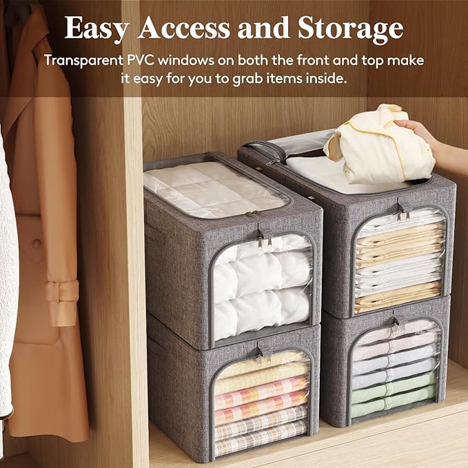 Lifewit Clothes Storage Bins with Metal Frame 3 Pack, Fabric Stackable Storage Bags with Lids, Zipper, Foldable Clost Organizers Containers for Clothing, Blanket, Winter Cloth, 40L