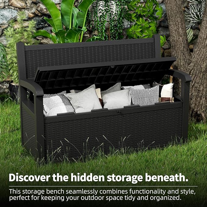 EasyUp 80 Gallon Outdoor Storage Bench, Waterproof and Lockable Deck Box Outdoor Storage Furniture for Patio,Garden,and Porch – Perfect for Storing Garden Tools and Cushions(Black)