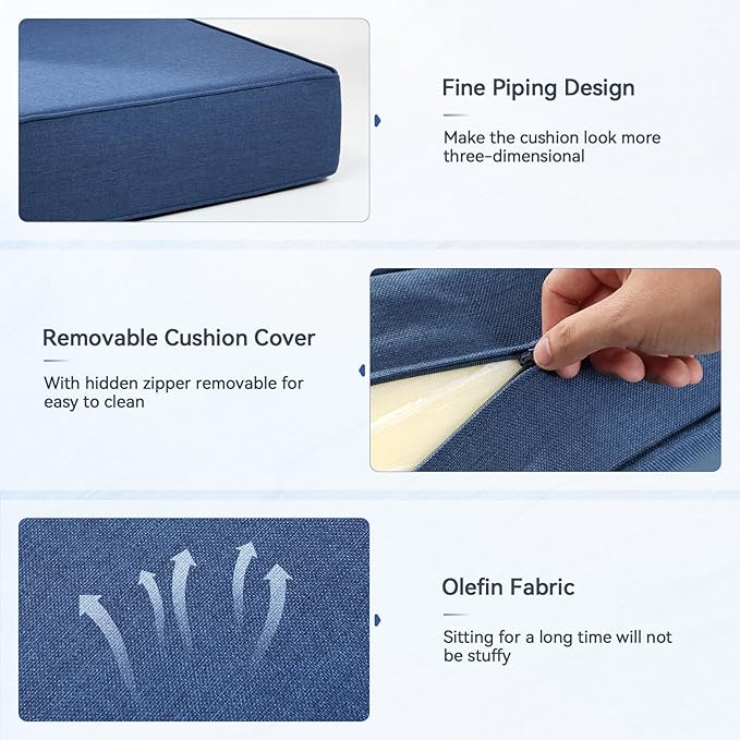 6" Thick Outdoor Cushions 24x24x6, 2-Set Deep Seat Patio Cushions with Removable Cover, Waterproof & Fade Resistant Replacement for Wicker Chair, Loveseat, Sofa - Blue