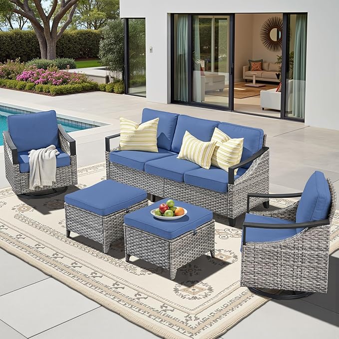 5 Pieces Patio Furniture Sets - All Weather Outdoor Swivel Rocker Patio Chairs with 3-Seat Sofa and Multifunctional Ottomans, Outdoor Conversation Set for Garden Porch Balcony Deck Gray/Blue