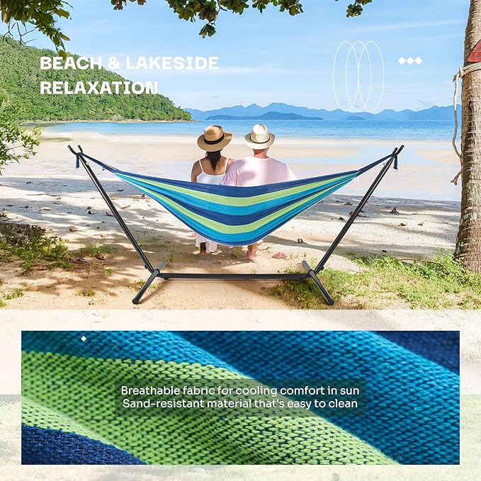 NEWBULIG Double Hammock with Stand, Heavy Duty Portable Hammocks for Outdoor Indoor Patio Camping, Space Saving Design & Carry Bag, Easy Assembly, 450lb Weight Capacity