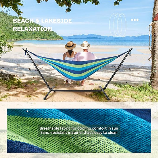 NEWBULIG Double Hammock with Stand, Heavy Duty Portable Hammocks for Outdoor Indoor Patio Camping, Space Saving Design & Carry Bag, Easy Assembly, 450lb Weight Capacity