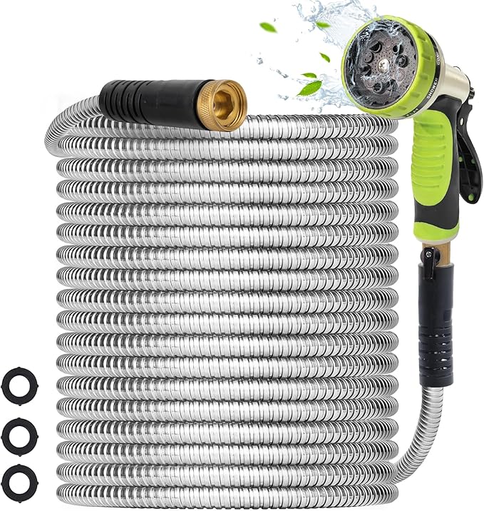 Metal Garden Hose 75FT - Stainless Steel Water Hose With 10 Function Nozzle & 3/4" Fitting, Lightweight, Heavy Duty, No Kink & Leak Proof Flexible Hose for Yard, Outdoor, Lawn, Car Washing