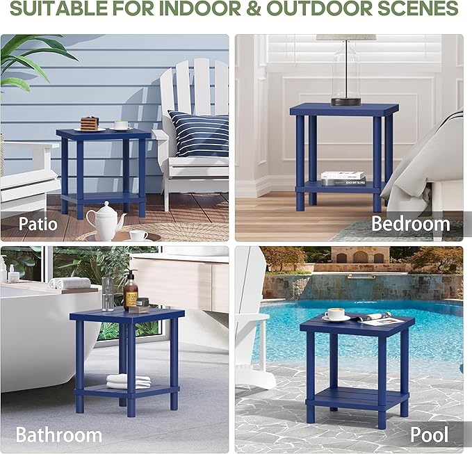 LEJANEOYE Outdoor Side Table, 2-Tier Small Outdoor Table for Patio, Adirondack Side Tables for Outside or Indoor, Bamboo End Table for Pool, Porch, Weather Resistant Easy Maintenance-Dark Blue