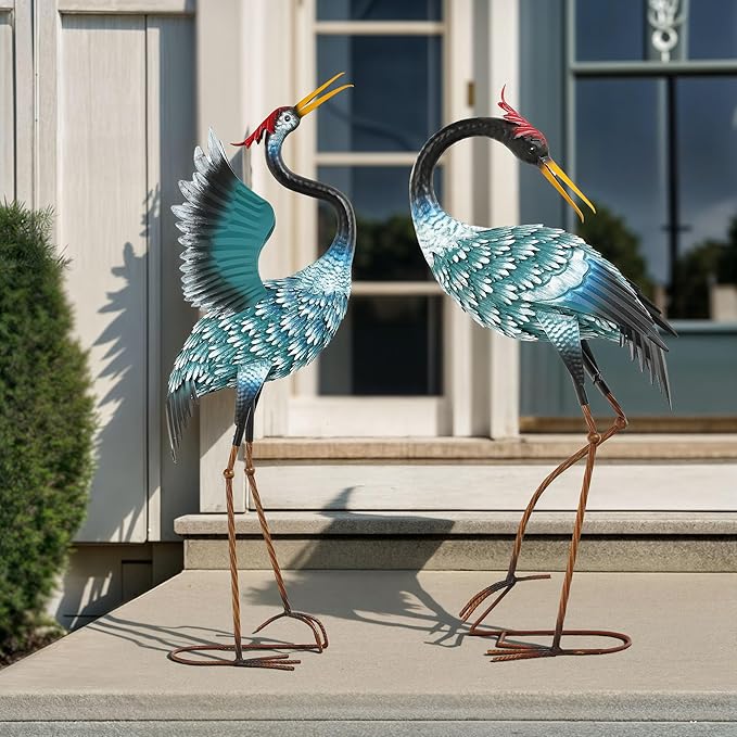 Ultym 36.8" Metal Crane Garden Statue, Handcrafted Extra-Large Blue Heron Decor Sculptures with Stable U-Ground Stakes, Backyard Decoration, Metal Garden Bird Animal Yard Art, Lawn Ornament Decor