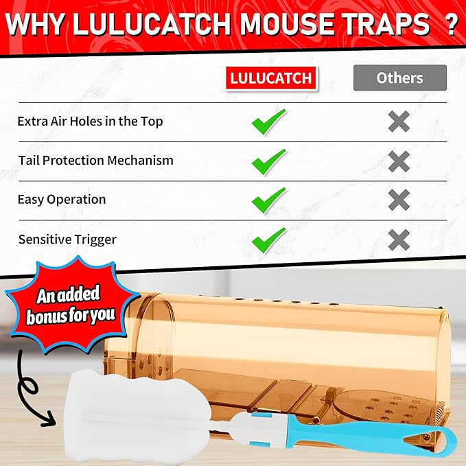 LULUCATCH Humane Mouse Traps 2 Pack, Live Mouse Traps, Catch and Release Mouse Traps Indoor for Home, Reusable with Cleaning Brush, No Kill Mole Squirrel Rat Traps for House & Outdoors, Pet Safe