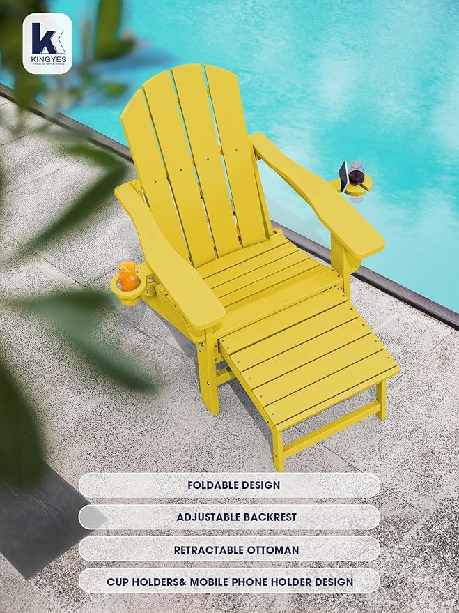 KINGYES Folding Adjustable Adirondack Chair with Ottoman & 2 Cup Holders, HDEP Multifunctional Adirondack Chair with Footrest, Yellow