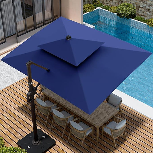 9' X 12' Cantilever Patio Umbrella with Base Included Double Top Rectangular Outdoor Large Offset Umbrellas with 7 Tilts Adjustable 360°Rotation for Deck Pool Garden Backyard, Navy