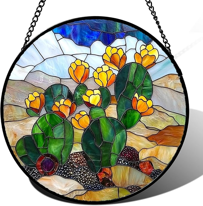 QZQCBLC Stained Glass Window Hanging Green Cactus with Yellow Flowers Large 11.8" - Suncatcher Door Garden Sun Catcher Home Decor Birthday Christmas for Woman Nana Friend Men Kids