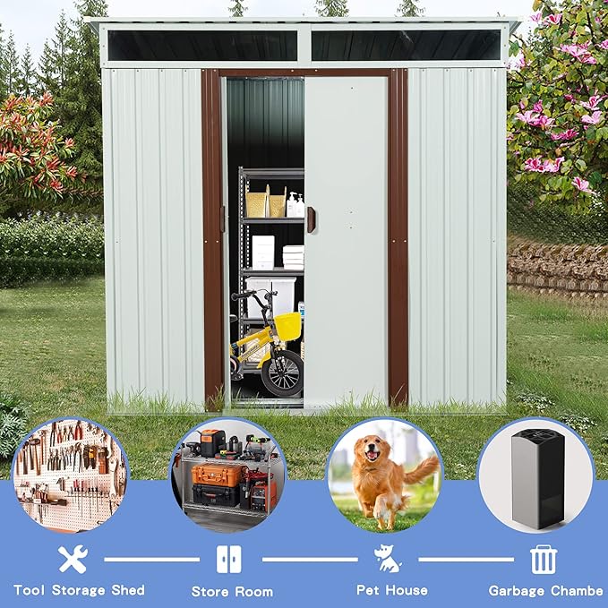 6X5 FT Outdoor Storage Shed, Waterproof Metal Garden Sheds with Lockable Door, Steel Tool Storage Buildings Shed & Outdoor Storage House for Garden, Backyard, Patio, Lawn, Trash Cans(White)