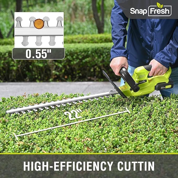SnapFresh 20V Cordless Hedge Trimmer - 22" Dual-Action Blade,Electric Bush Trimmer,2.0Ah Battery & Fast Charger Included