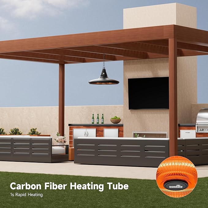 Ceiling Electric Outdoor Heater Wall-Mounted Hanging Patio 1500W Infrared 9 Heat Levels, 24H Timers, Carbon Fiber Tube Heating Wall Heater for Gazebo, Balcony (Black - Circular Heating)