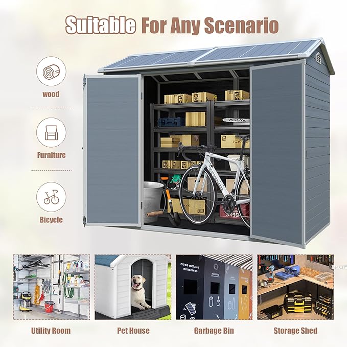 Resin Storage Shed 8x4 ft Outdoor Shed with Floor, Plastic Sheds with Two Windows and Lockable Double Door, Waterproof Garden Shed with Vents, Tool Sheds for Backyard, Patio, Lawn, Grey