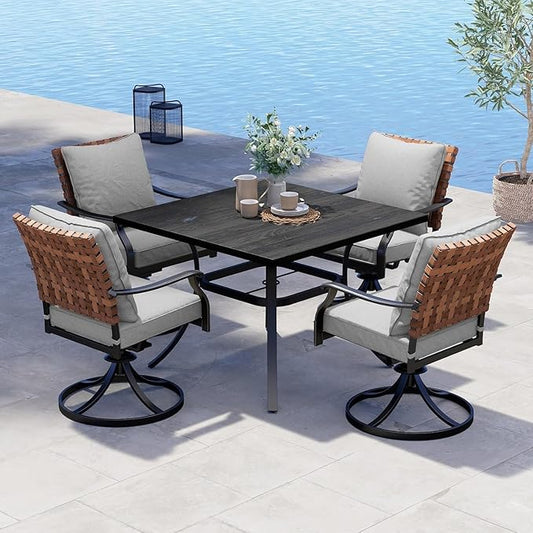 Grand patio 5-Piece Outdoor Dining Set, 4 Leather-Look Wicker Swivel Patio Chairs & 1 Square Dining Table, Black