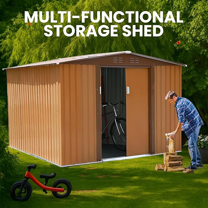 8x8 FT Outdoor Storage Shed Metal Garden Shed Updated Frame Structure with Lockable Sliding Door, Steel Anti-Corrosion Outside Sheds Waterproof for Backyard, Pool, Patio, Coffee