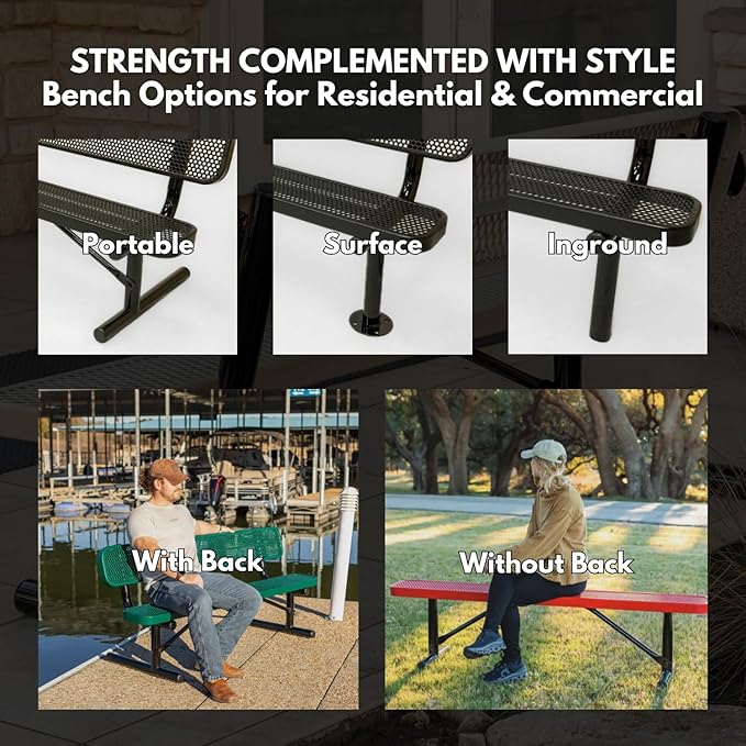 COATEDOUTDOORFURNITURE Heavy-Duty Portable Outdoor Bench Thermoplastic Coated, Punched Steel, Commercial-Grade Seating, Made in America (Portable with Back, 8 Ft, Textured Yellow)