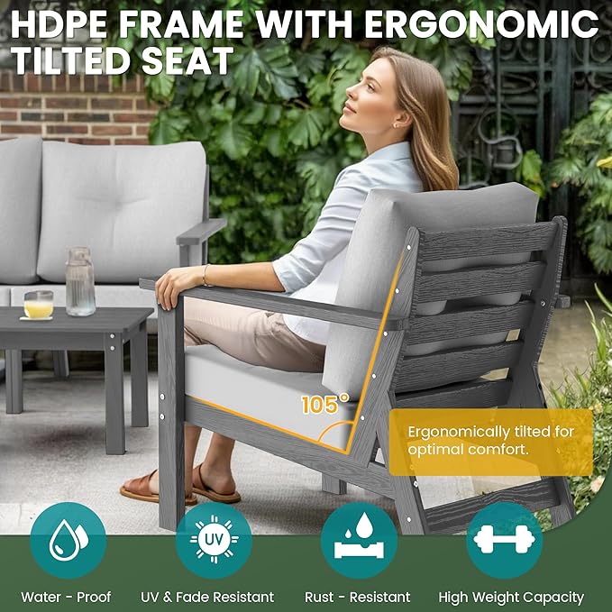 7-Piece HDPE Patio Furniture Set, All Weather Outdoor Couch with Thick Cushions, Wood Grain Outdoor Sectional with 2 Elegant Coffee Table, Durable Patio Conversation Sets for Balcony, Porch, Gray
