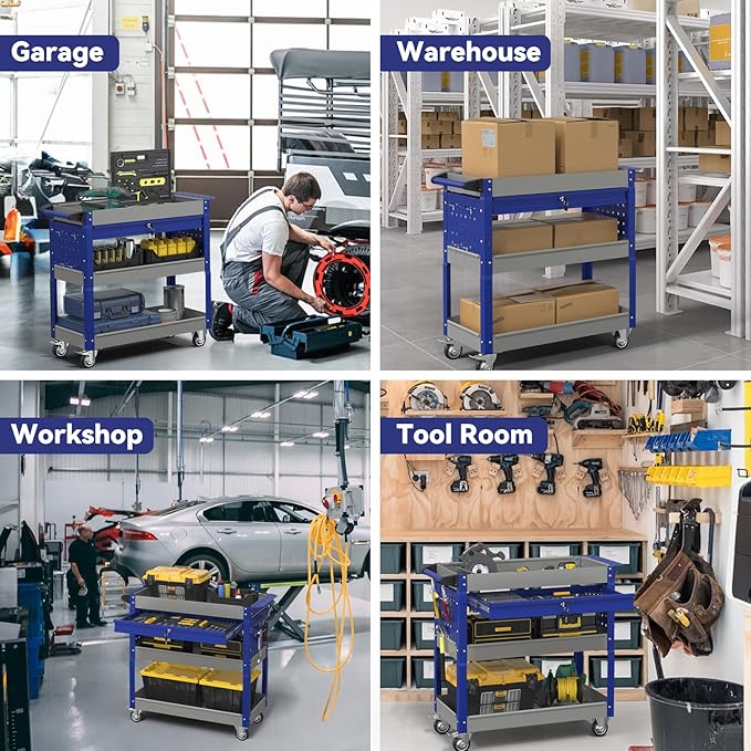 3 Tier Rolling Tool Cart with Drawer, 450 LBS Heavy Duty Utility Cart on Wheels, Service Cart for Garage, Workshop and Warehouse (Gray&Blue)