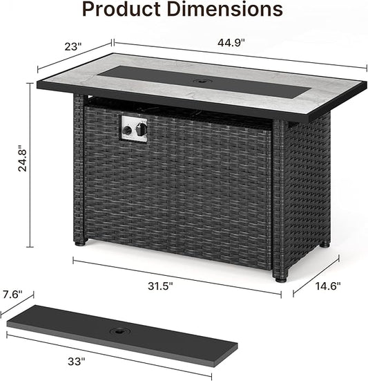Gizoon 45" Gas Fire Pit Table, Propane Fire Pit with Glass Rocks, Waterproof Cover and Pe Rattan, Outdoor Patio Fire Pits for Backyard, Garden, Party
