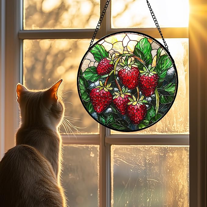 AMDERVEN Stained Glass Suncatcher, Red Strawberry Green Leaf Sun Catcher Silver Background Stain Glass Window Hanging Decoration Mother's Day Birthday Gifts for Women Men Mom Nana 11.8 in