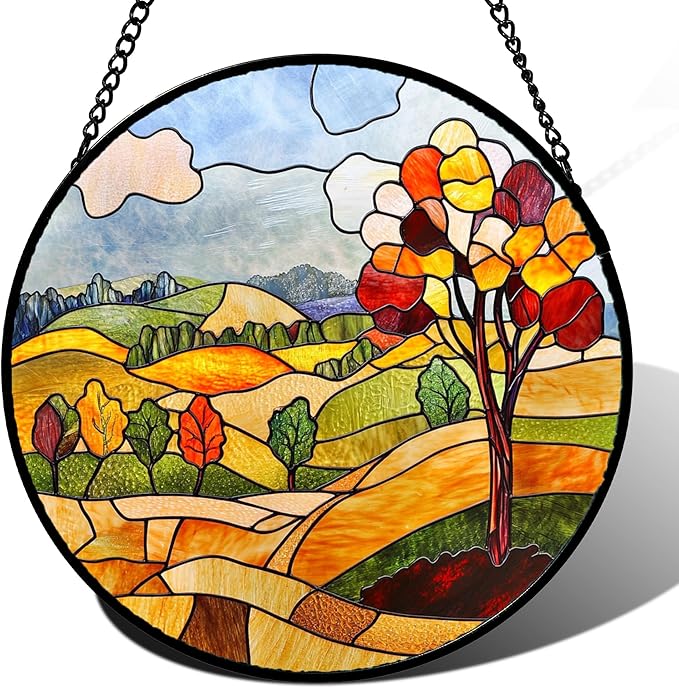 QZQCBLC Stained Glass Window Hanging Orange Mountains Trees Farm Landscape 9.8" - Suncatcher Door Garden Sun Catcher Home Decor Birthday Christmas for Mom Men Woman Friend