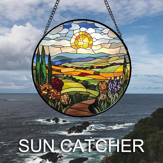 QZQCBLC Stained Glass Window Hanging Sunset Field Wildflower Landscape Large 15" - Suncatcher Door Garden Sun Catcher Home Decor Birthday Christmas for Mom Men Woman Nana Friend