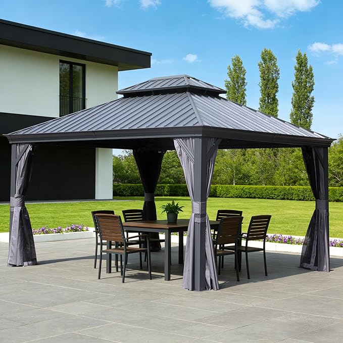 Domi 13x15FT Outdoor Gazebo, Hardtop Gazebo with Galvanized Steel Double Roof, Metal Gazebos with Drainage System Patio Pergola for Patio Deck Backyard,Curtain and Netting,Gray