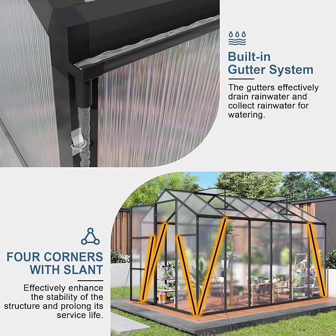 KEIKI 6x12 FT Polycarbonate Greenhouse for Outdoors, Durable Aluminum Walk-in Greenhouse with Gutter Drainage & Tall Growing Space for Plants, Black