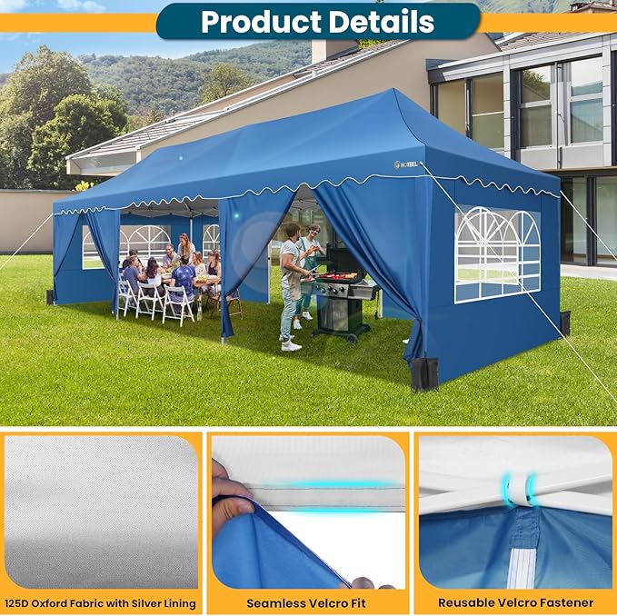 HOTEEL Pop Up Canopy 10x30 Large Party Tent with 8 Sidewalls, Portable Outdoor Canopy with Roller Bag,Sandbags,UV Resistant Waterproof, Easy Up Tents for Parties, Backyard, Wedding, Event, Blue
