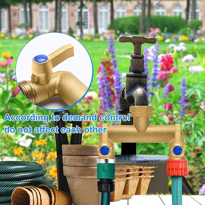Brass Garden Hose Splitter, Garden Hose Splitter 2 Way Heavy Duty, Outdoor Hose Splitter, GHT 3/4 in. Female Inlet and 3 Way 3/4 in. Male Outlet for Regulating and Shutting Off Water Flow