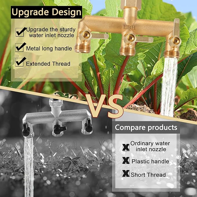 EBH Brass Garden Hose Splitter, 3 Way Outdoor Faucet Splitter, 3 Long Metal Handle and Individual On/Off Valve, GHT 3/4-Inch Heavy Duty Hex Female Inlet and 3/4-Inch Male Outlet