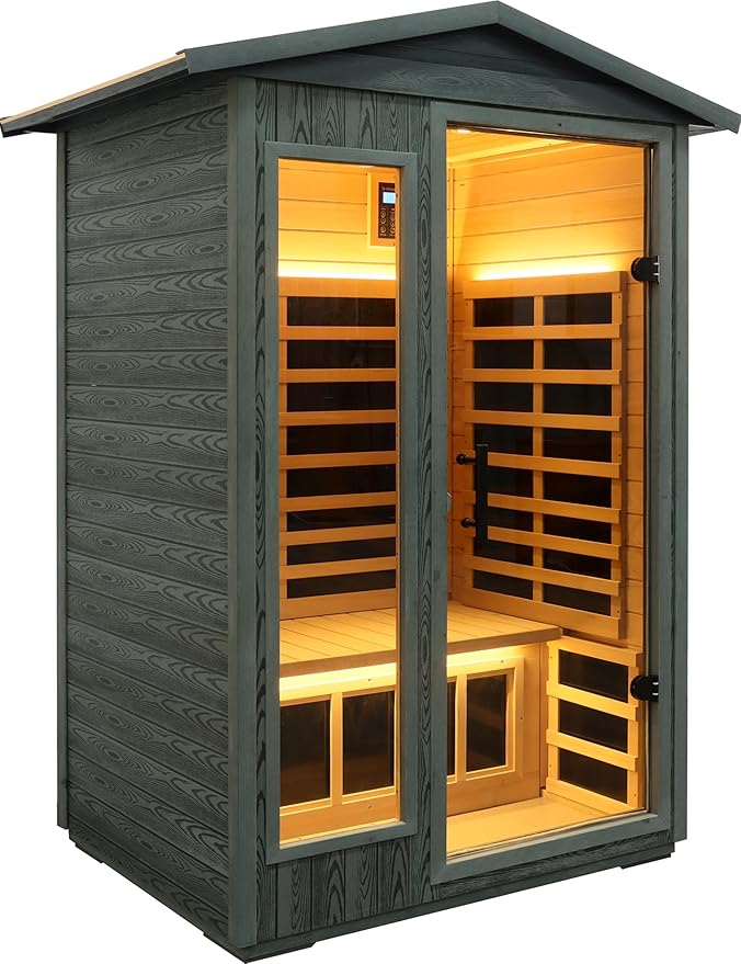 Ultra-Low EMF Outdoor Sauna 2-Person, Carbonized Composite Wood Far Infrared Sauna for Home, EMF 0.1-1mG, 6 Carbon Crystal Heaters, 360° Full Enclosure, Bluetooth & Chromotherapy (57.8*40.5*81.1 In)