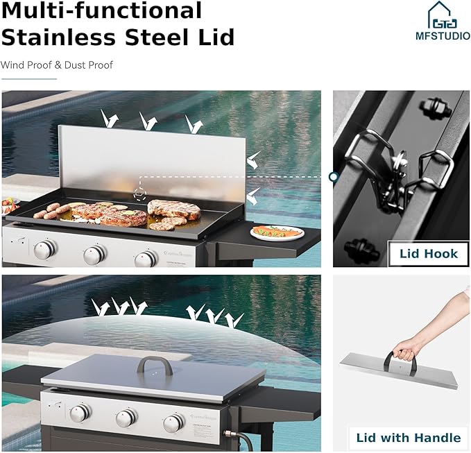 MFSTUDIO Flat Top Grill with Ceramic Coated Cast Iron Griddle, 3-Burner Propane Gas BBQ Griddle Grill, Outdoor Barbecue Grill,33,000 BTU,Black