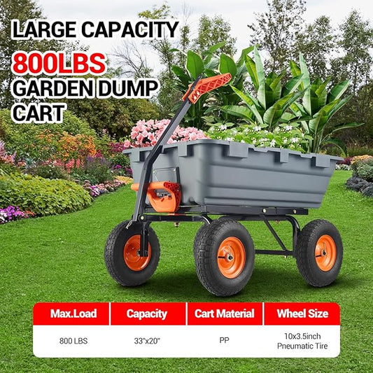 Garden Dump Cart, 800 LB Capacity, Heavy Duty Yard Wagon with All Terrain Tires & 180° Adjustable Handle, Durable Outdoor Gardening Cart for Lawn Yard, Grey