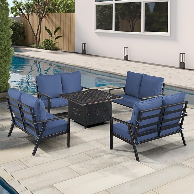 Oakland Living Black Aluminum Patio Fire Table Set with Four Deep Seating Loveseats with Cushions with Blue Cushions