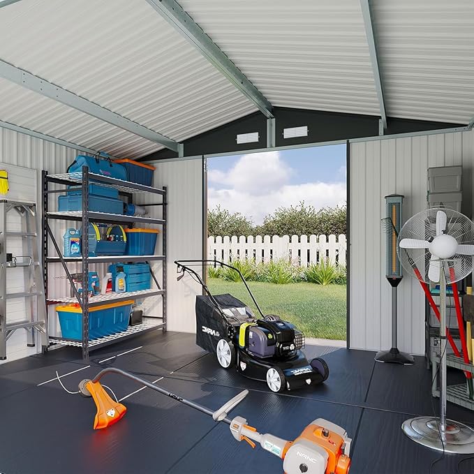 Aoxun 12x10 FT Galvanized Steel Outdoor Storage Shed - Metal Garden Shed with Double Doors, Thick Moisture-Proof Interlocking Floor, Ventilation System - Ideal for Generator & Tool Storage (Brown)